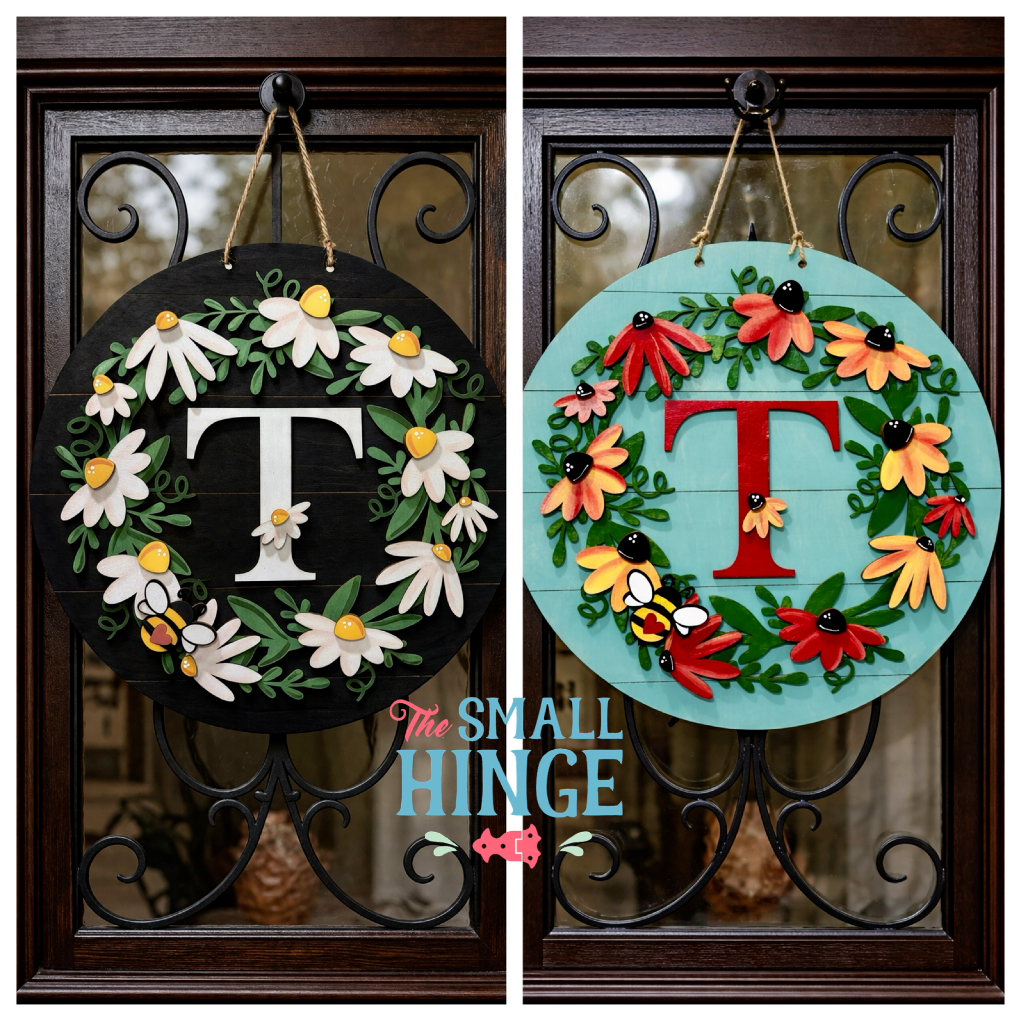 Initial Flowers and Bee Round Door Hanger 10