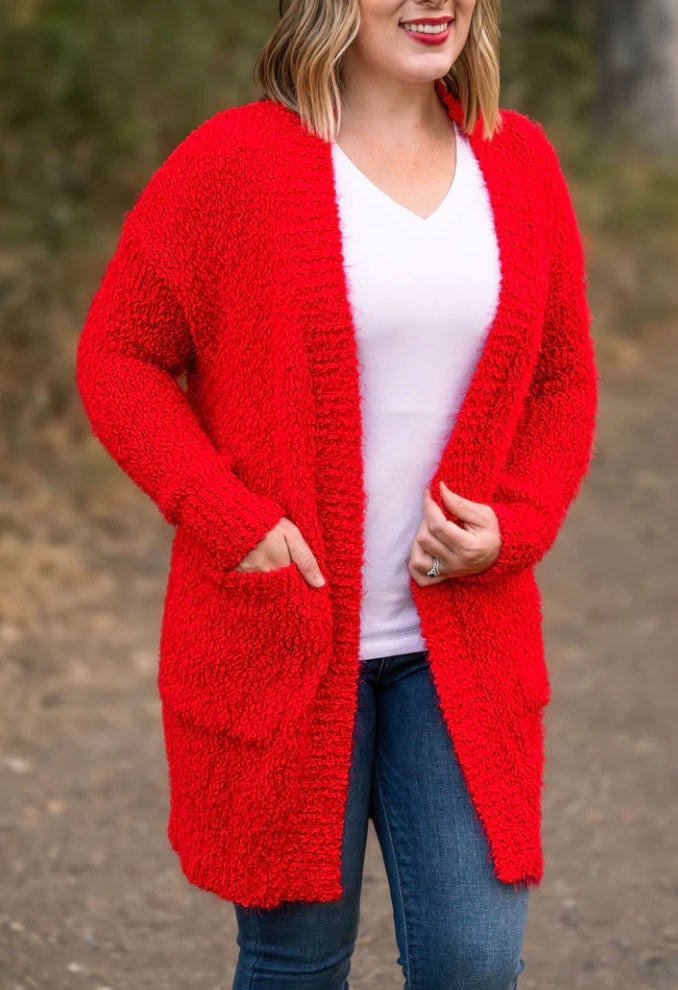 PRE ORDER Fuzzy Cardigan Red